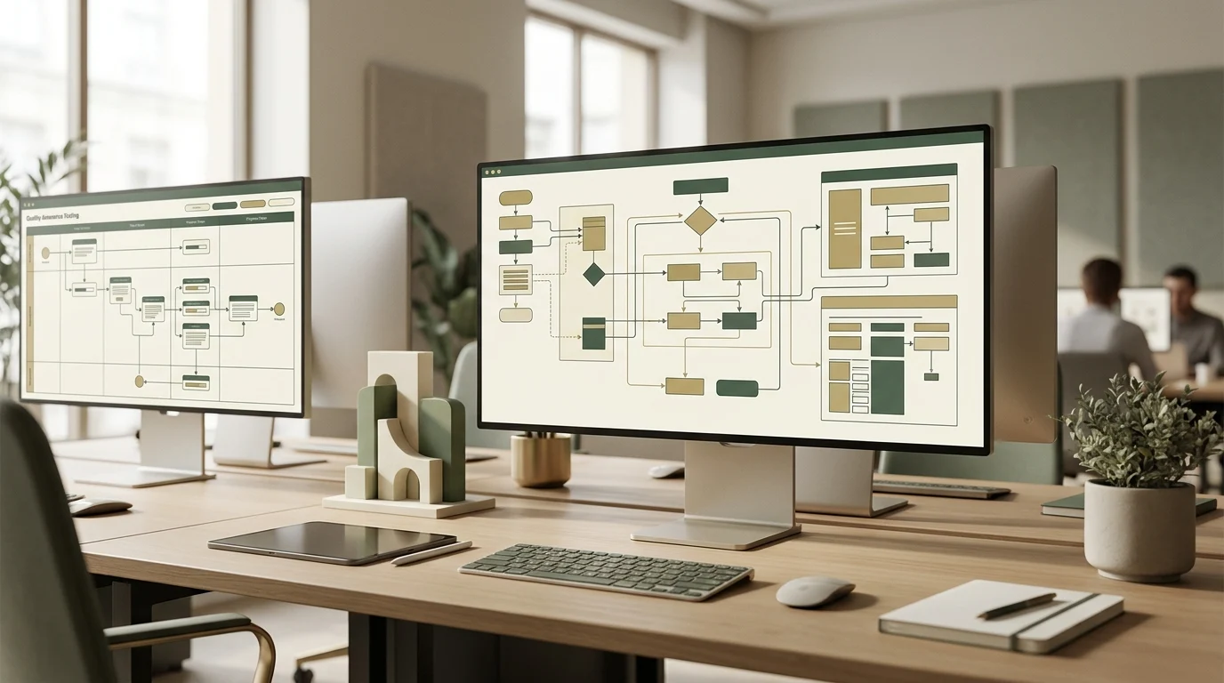 Atelier digital cu module de joc, diagrame de logică și un flux de testare software pe mai multe ecrane